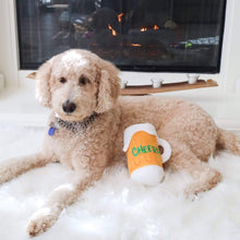 Load image into Gallery viewer, Doodle poses with his Cheers Mug Plush Dog Toy
