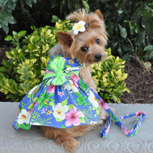 Load image into Gallery viewer, Cute Yorkie models the Blue Lagoon Hawaiian Hibiscus Dog Dress with Matching Leash 
