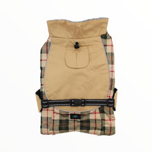 Load image into Gallery viewer, Looking down on the Alpine All-Weather Dog Coat in Beige Plaid
