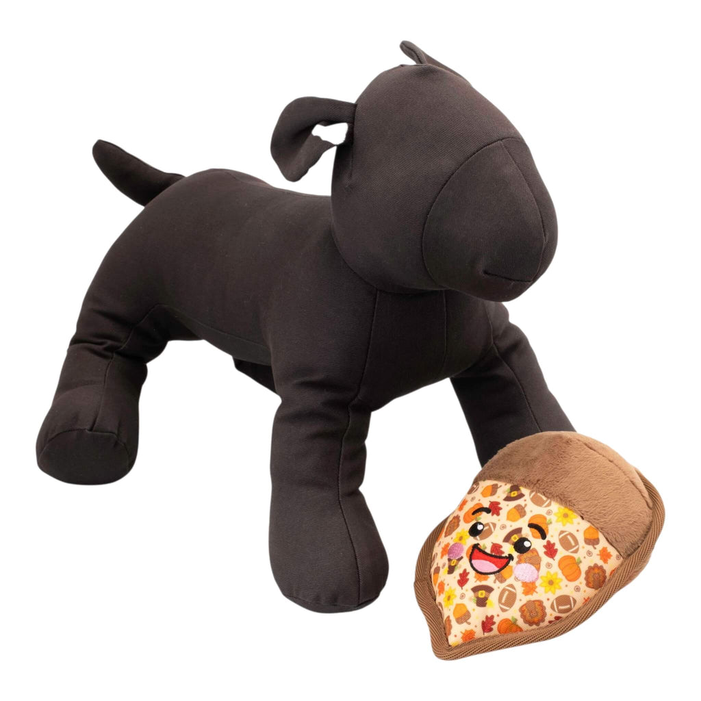 Acorn Plush Dog Toy with a dog mannequin