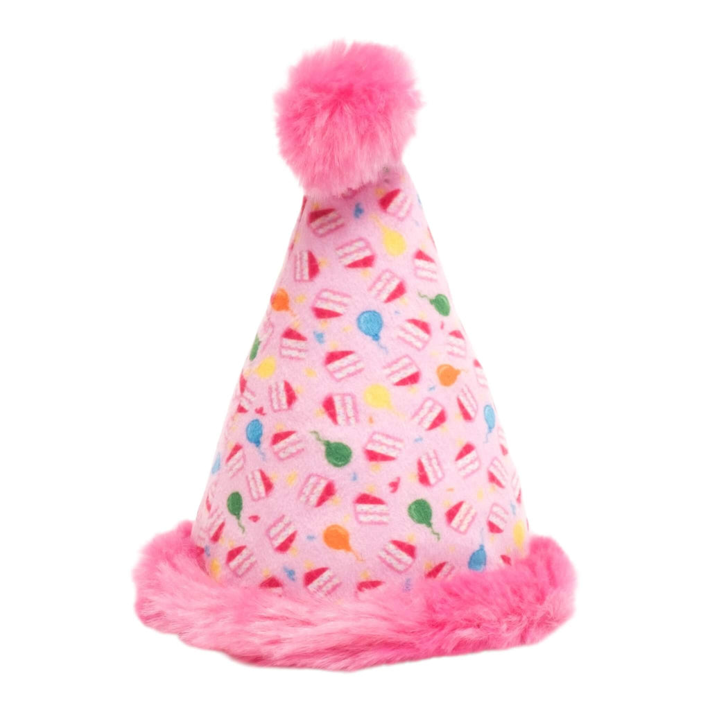 Pink party hat cat toy with colorful pattern and pom-pom on a white background