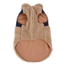Load image into Gallery viewer, Cambridge Denim Patchwork Dog Coat features an adjustable Velcro closure
