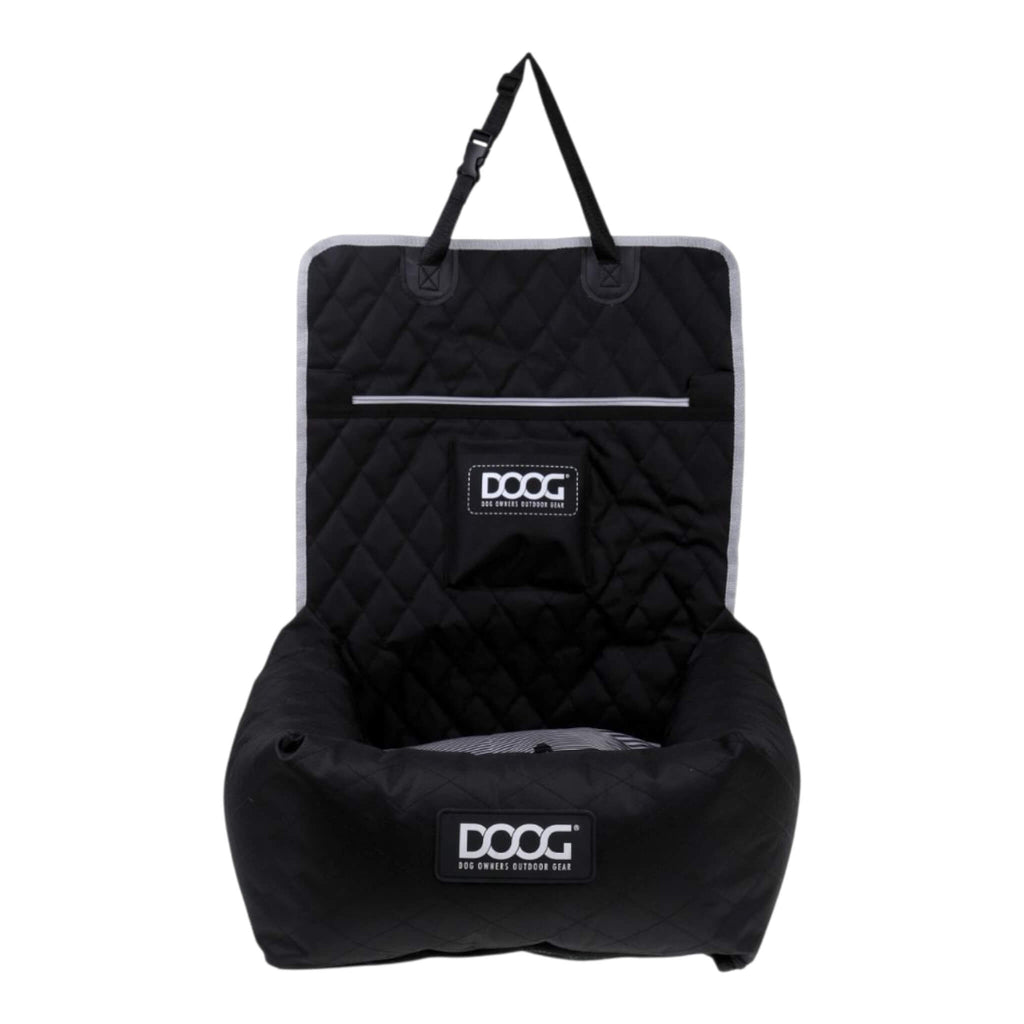 Black quilted car seat with DOOG logo on a white background