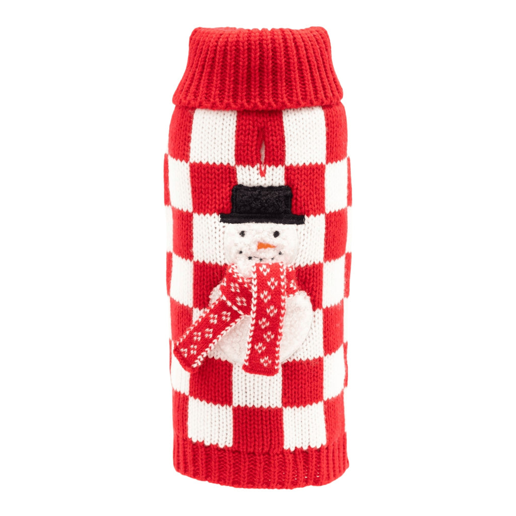 Red and white checkered dog sweater with snowman design on a white background