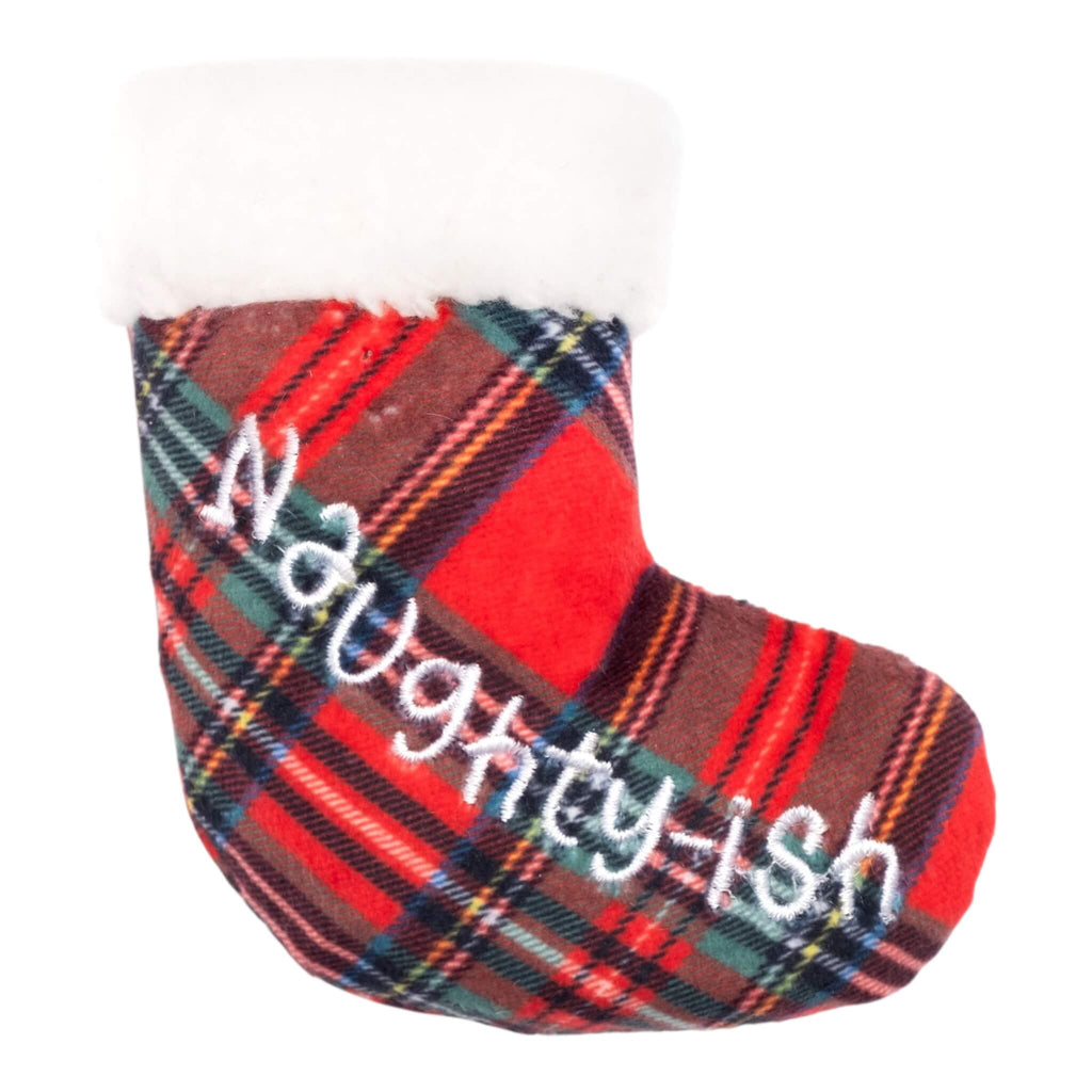 Plaid slipper cat toy with 'Naughty-ish' text on a white background