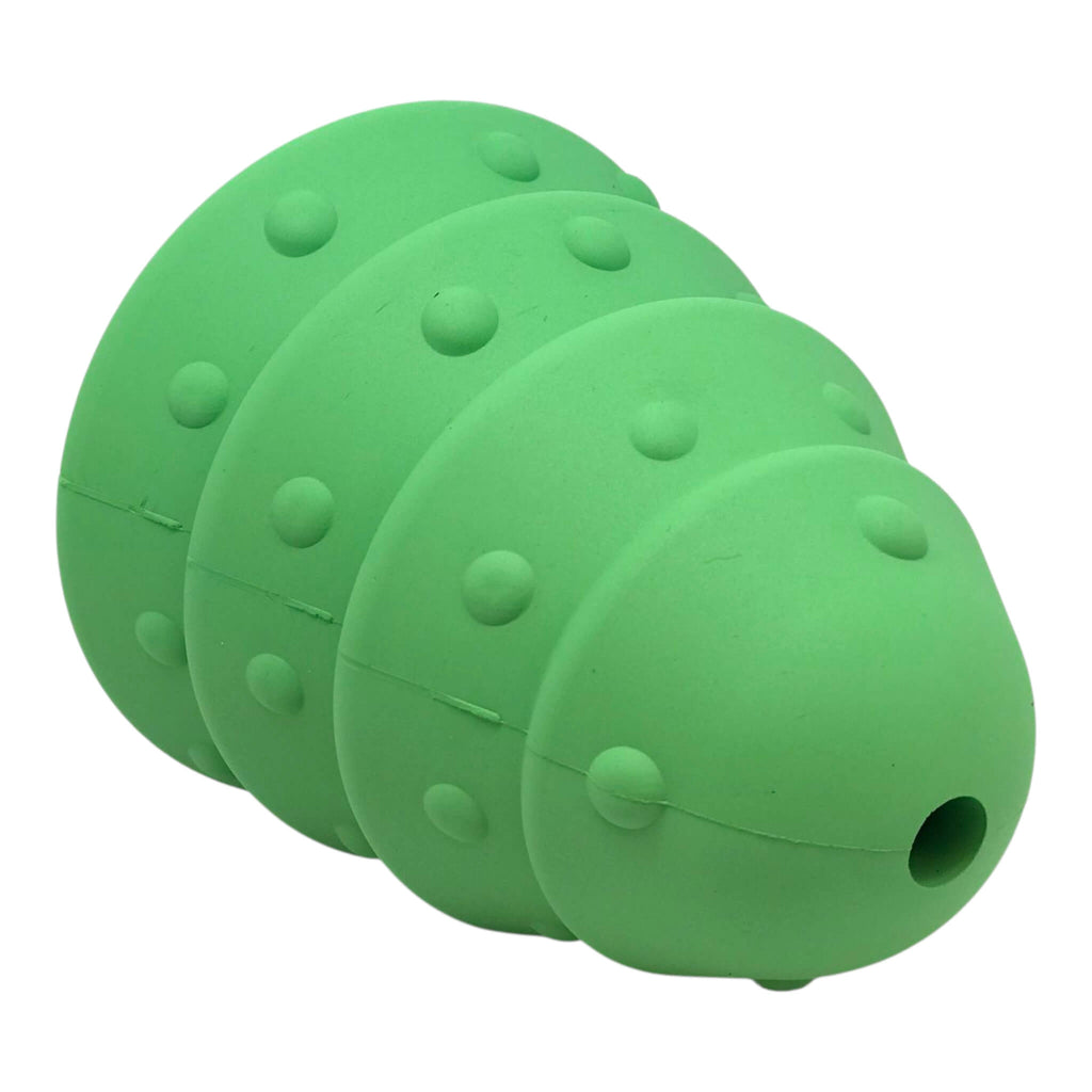 Green rubber interactive dog toy with stuffing hole on a white background