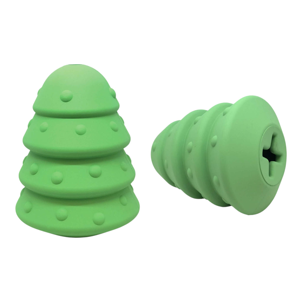 Two green rubber dog toys on a white background