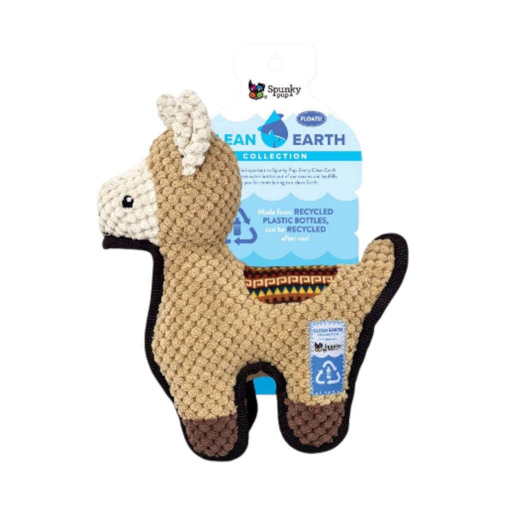 Dog toy shaped like a llama with 'Clean Earth Collection' label on a white background