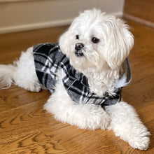 Load image into Gallery viewer, Comfortable Weekender Dog Sweatshirt Hoodie in Black and White Plaid Flannel
