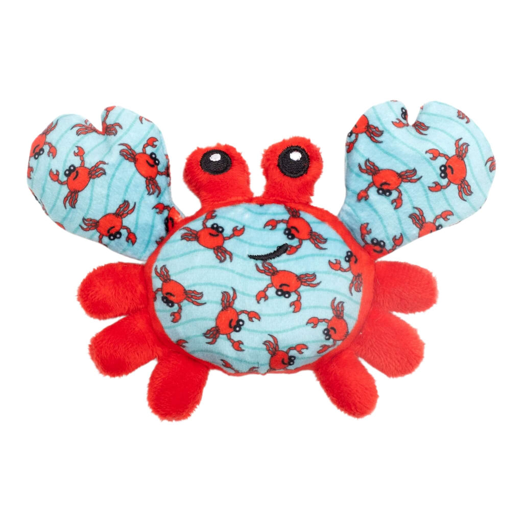 Plush crab toy with red body and blue back featuring crab patterns on a white background
