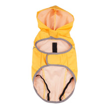 Load image into Gallery viewer, Cumbria Yellow Dog Raincoat features elastic straps to hold the coat in place
