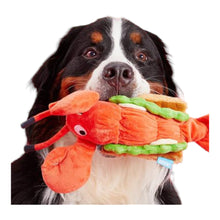 Load image into Gallery viewer, Dog carries Max&#39;s Maine Lobster Roll Plush Dog Toy in his mouth
