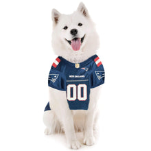 Load image into Gallery viewer, Dog happily poses in his New England Patriots NFL Dog Jersey
