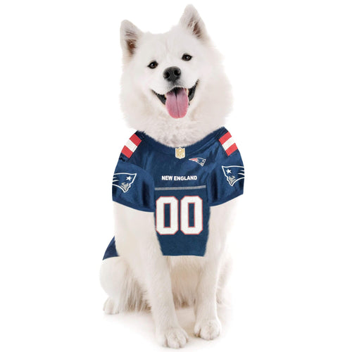 Dog happily poses in his New England Patriots NFL Dog Jersey