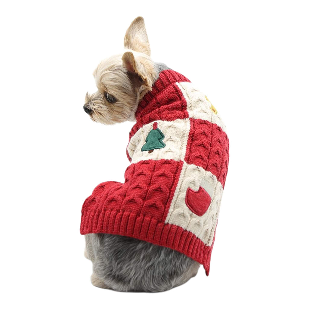 Dog wearing a red and white checkered sweater with a green tree and red stocking design on a white background.