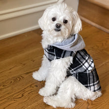 Load image into Gallery viewer, Dog looks dapper in the Weekender Sweatshirt Hoodie in Black and White Plaid Flannel
