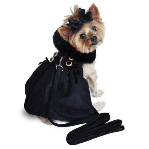 Dog models Wool Fur-Trimmed Dog Harness Coat in Black