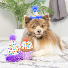 Load image into Gallery viewer, Dog wears his party hat in front of his It&#39;s My Barkday Dog Toy Collection
