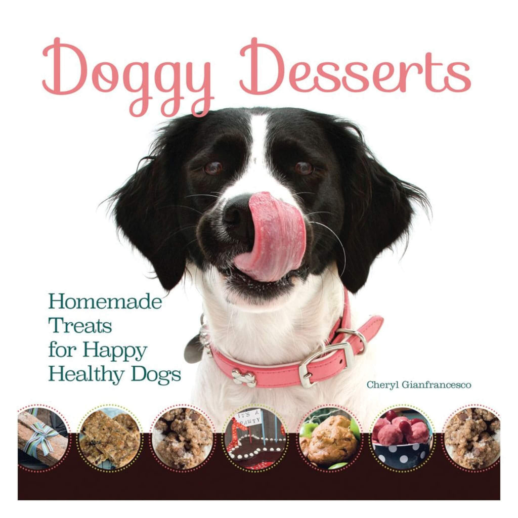 Book cover of 'Doggy Desserts' with a dog licking its nose and images of dog treats below.