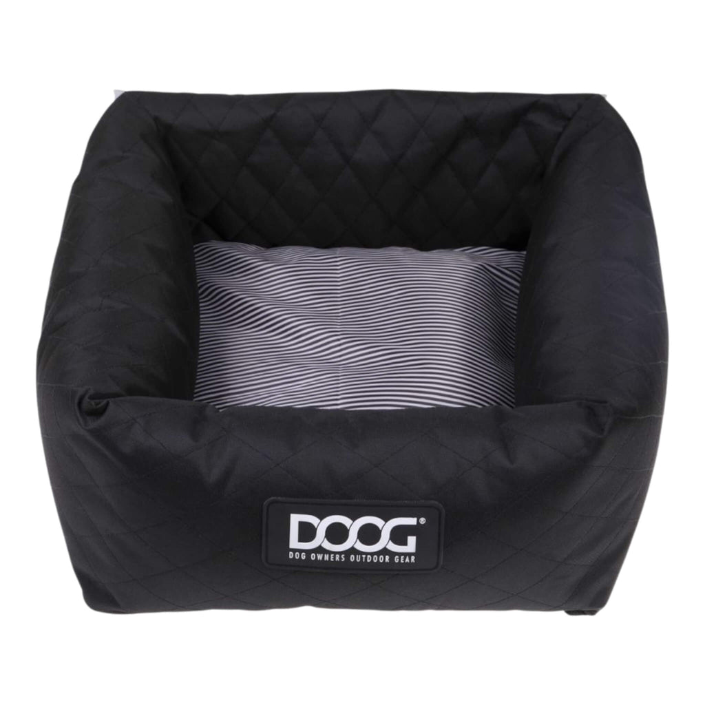 Black quilted pet bed with a striped pillow inside, featuring the DOOG logo.