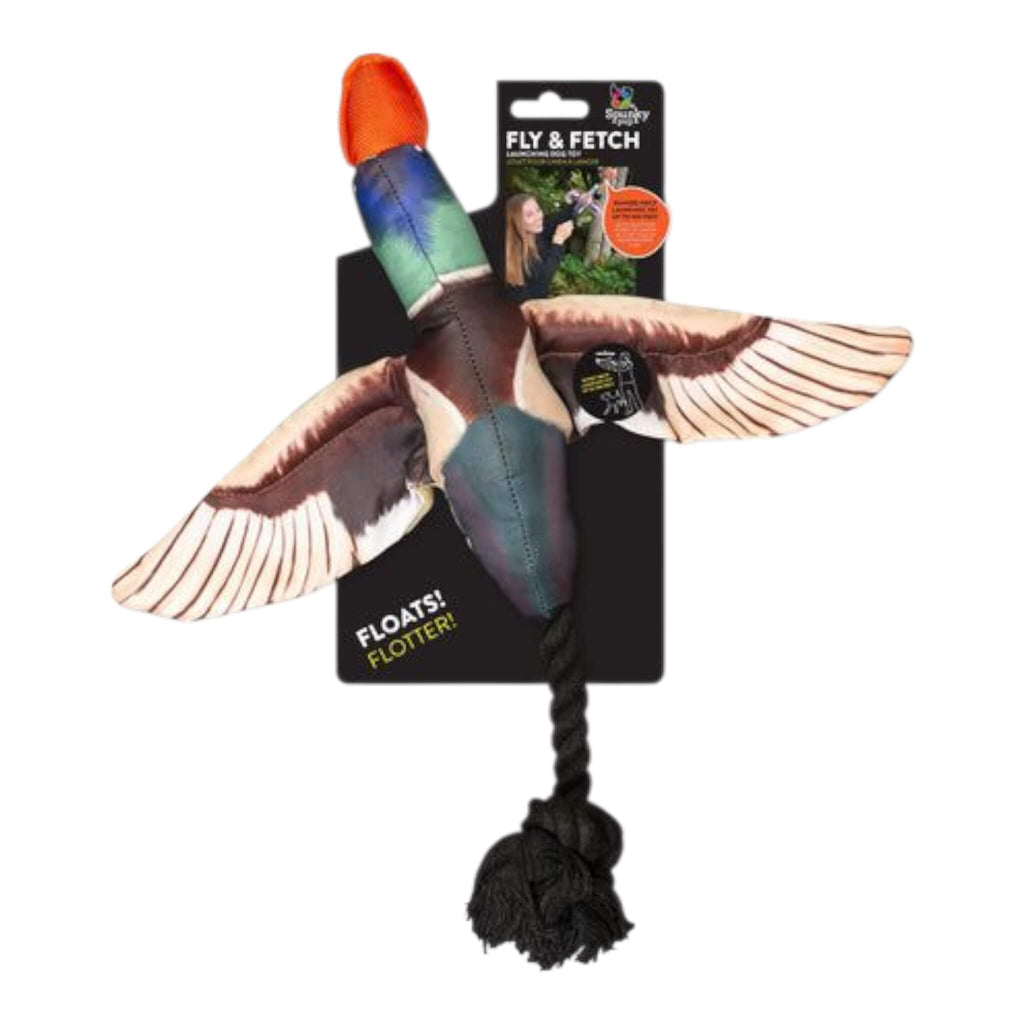 Dog toy shaped like a duck with a rope, on a white background