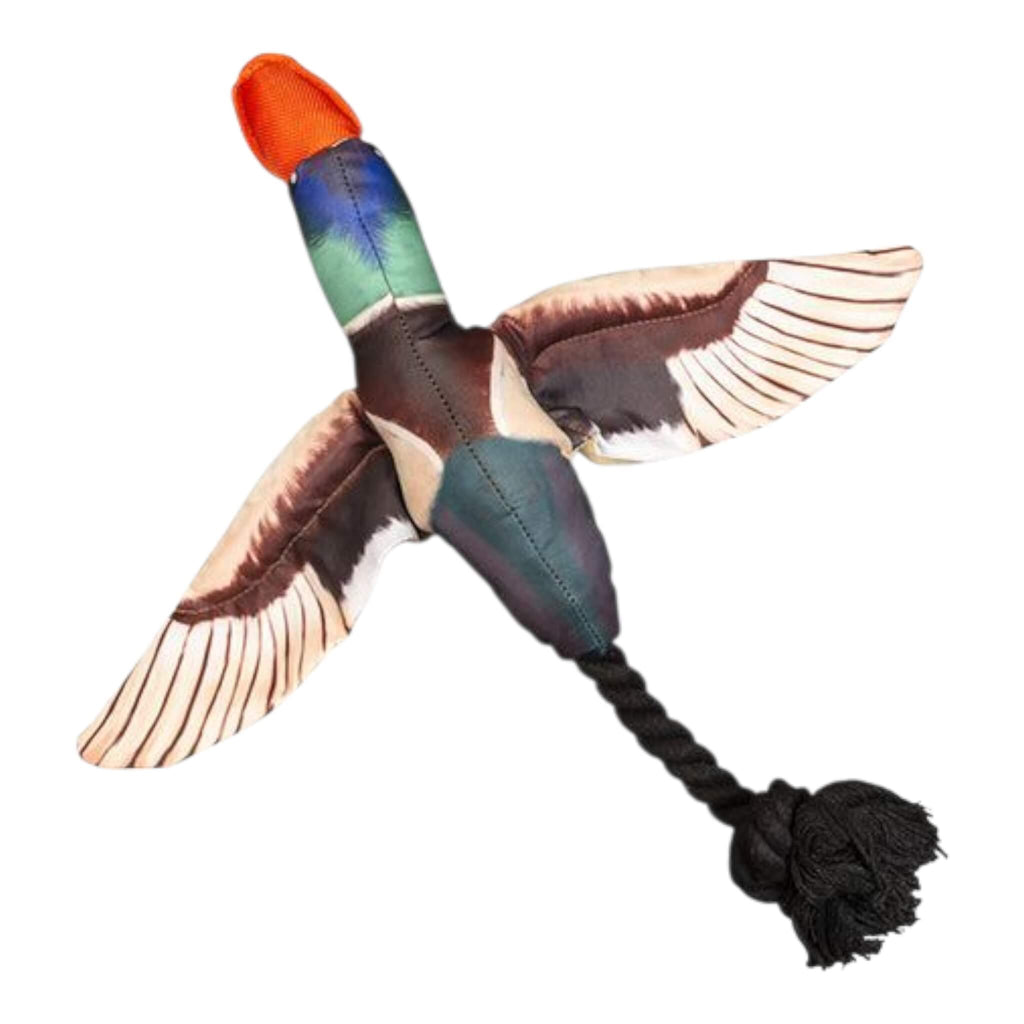 Duck-shaped toy with a rope tail on a white background