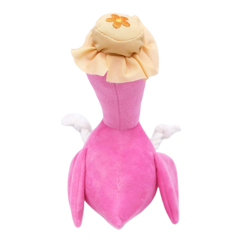 Plush flamingo dog toy with a yellow hat on a white background