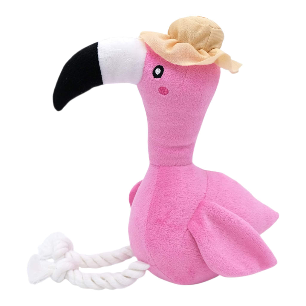 Pink flamingo plush toy with white rope limbs on a white background