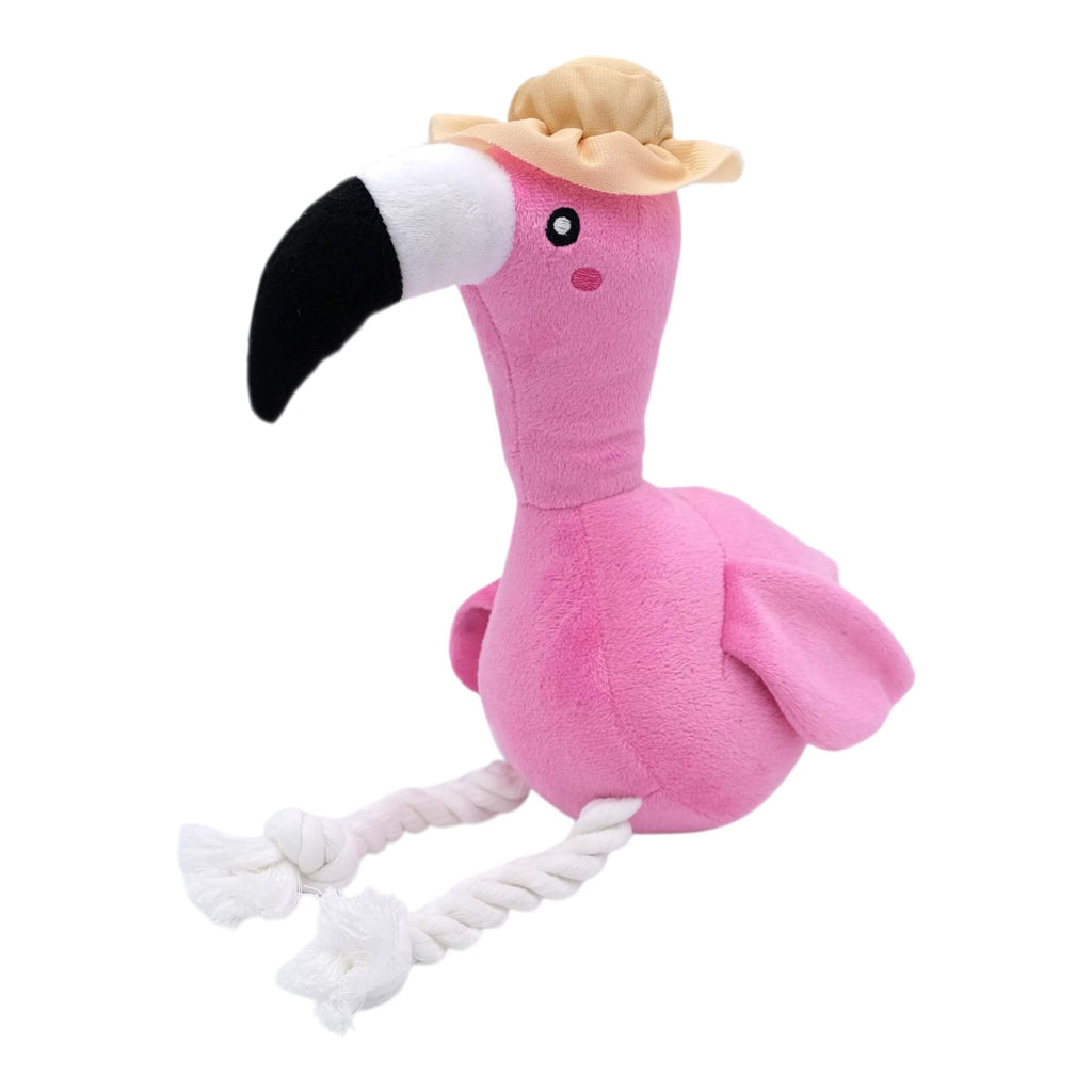 Pink flamingo plush toy with a yellow hat on a white background