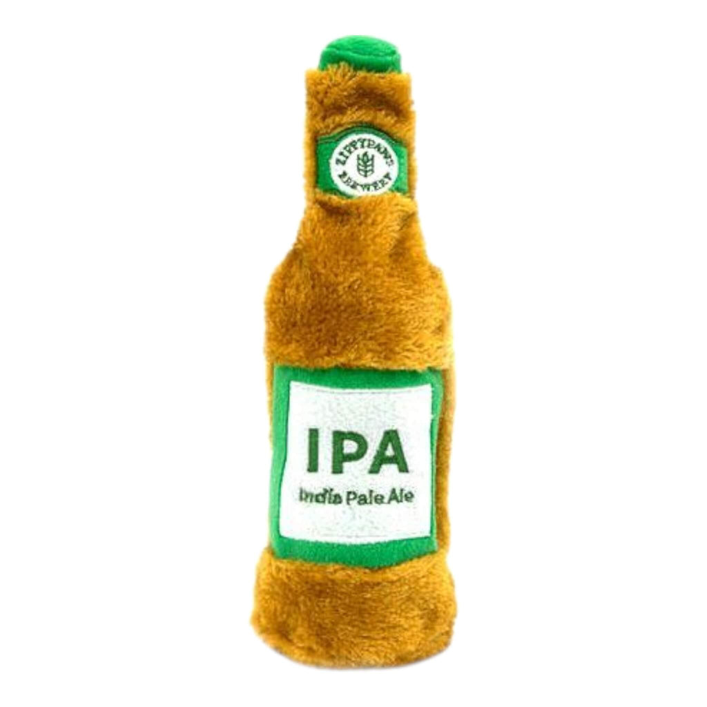 Dog toy shaped like a beer bottle with 'IPA' label on a white background