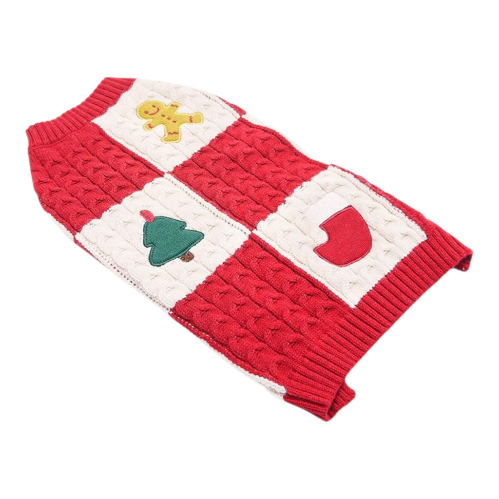 Red and white patchwork dog sweater with Christmas-themed designs on a white background