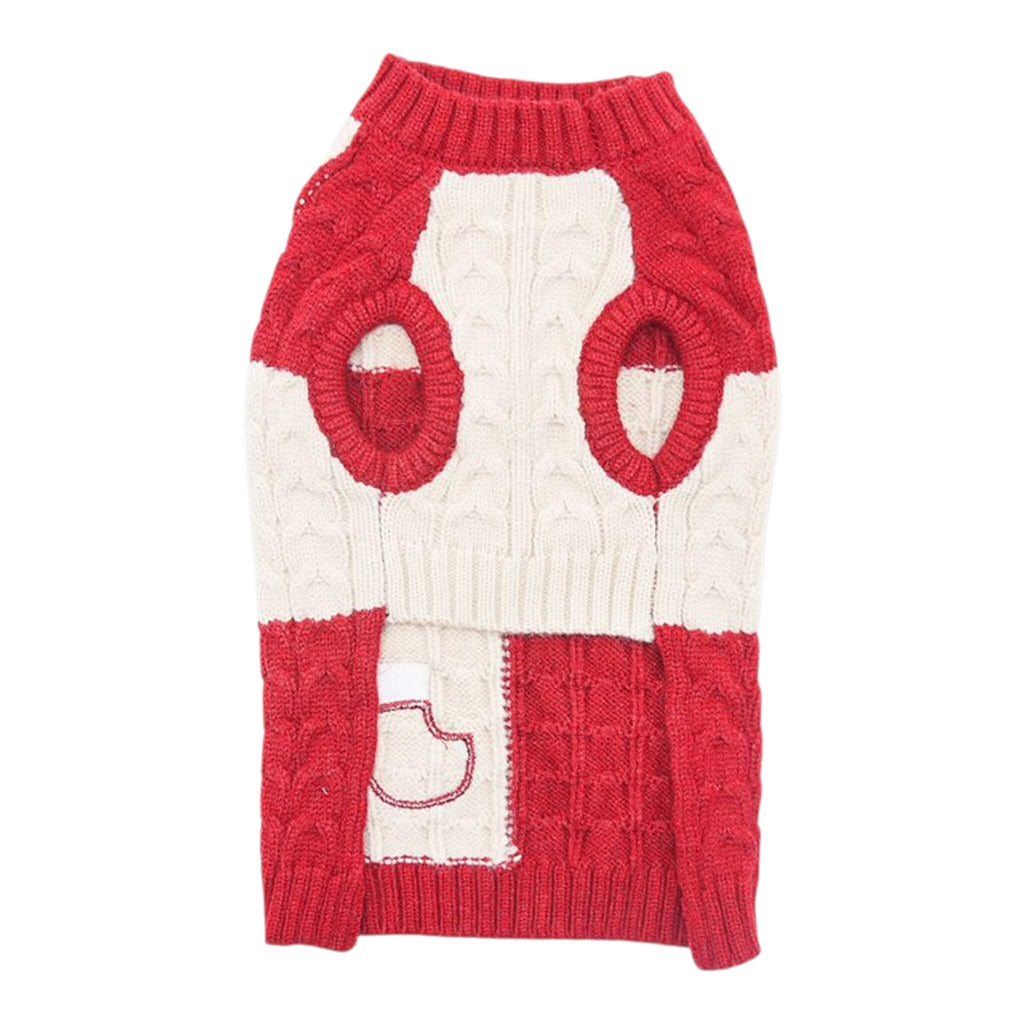 Red and white knitted dog sweater on a white background