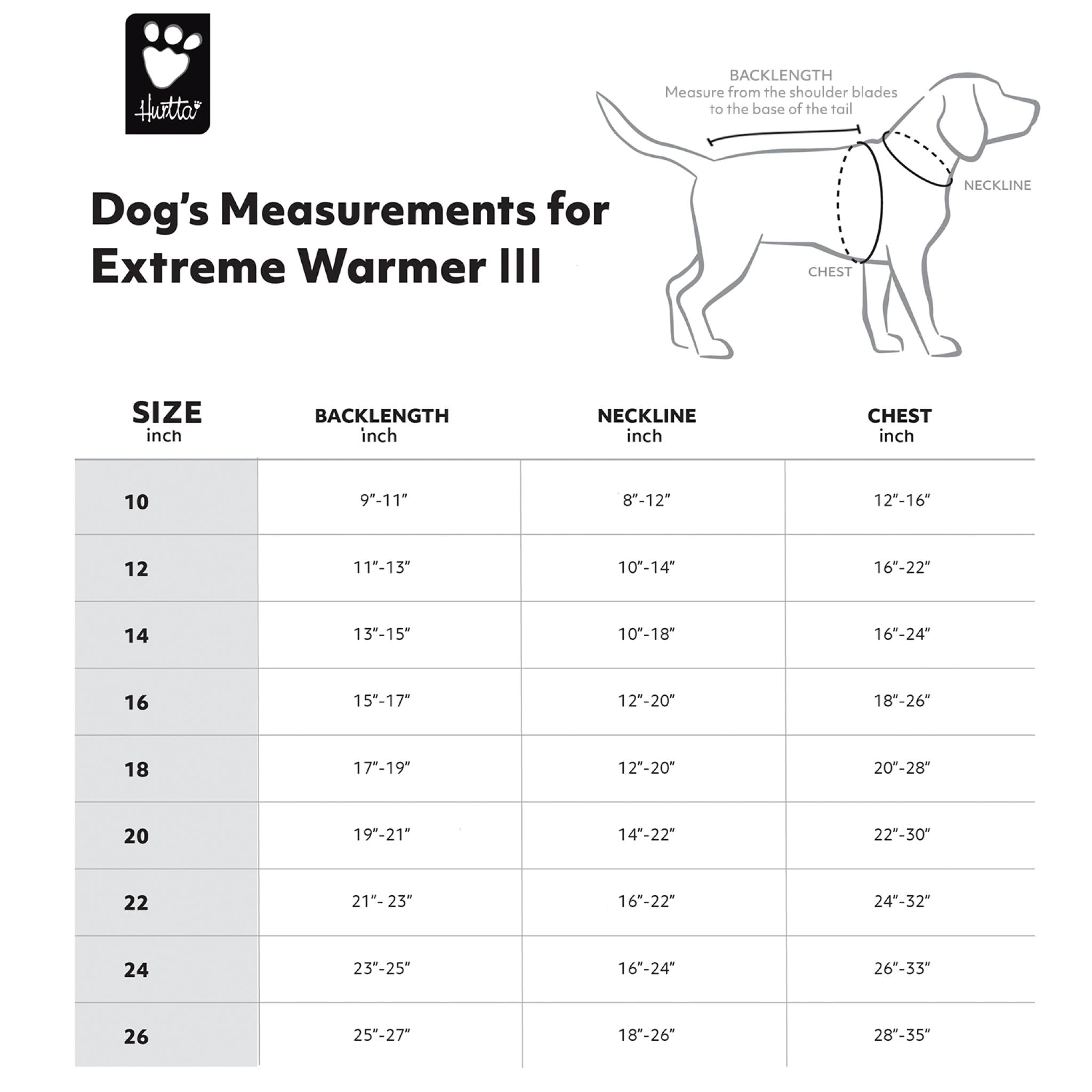 Measurement chart for Hurtta's Extreme Warmer III ECO Dog Coat with a diagram of a dog and size measurements.