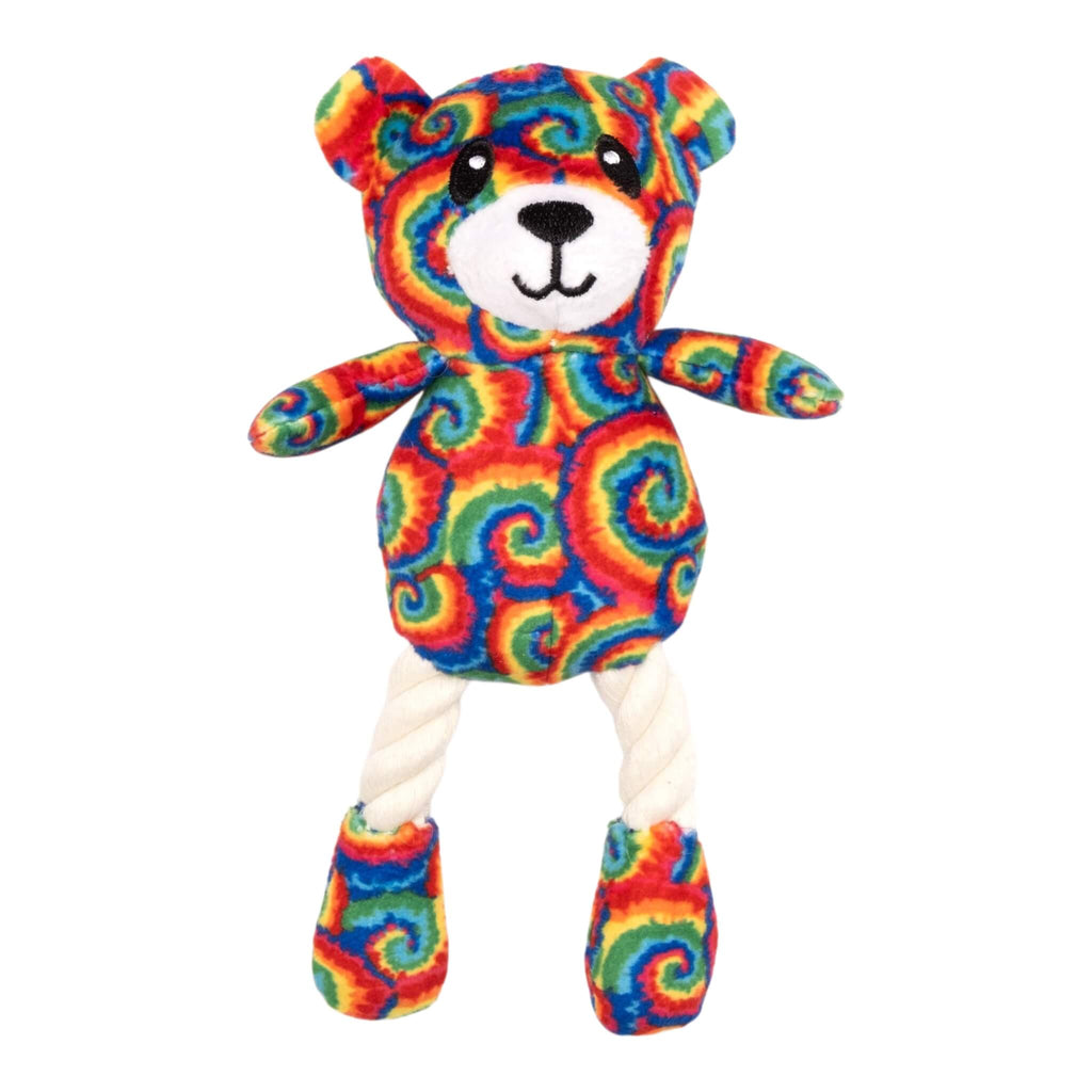 Colorful kaleidoscope teddy bear plush cat toy on a white background
