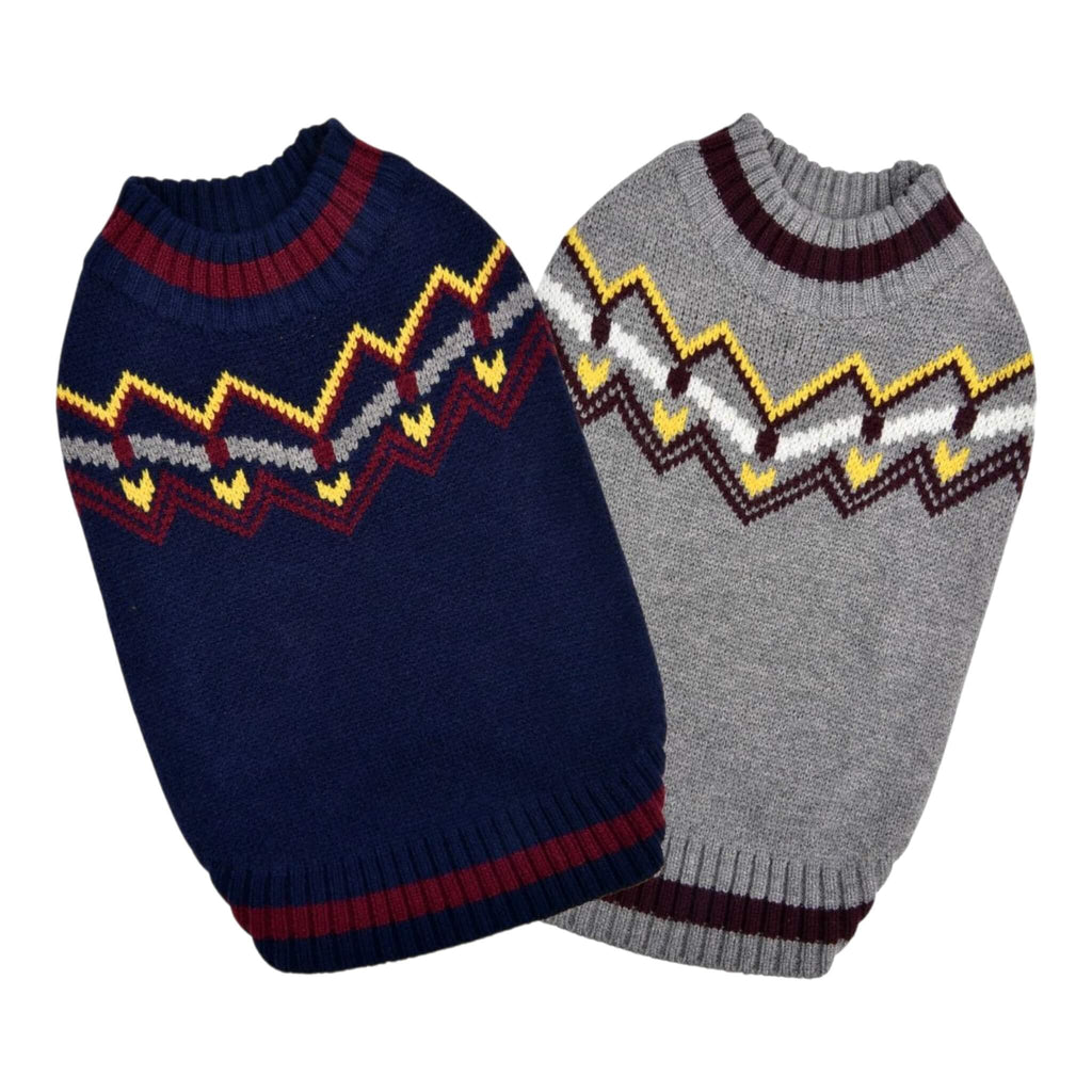 Two dog sweaters, one blue and one gray, with zigzag pattern on a white background.