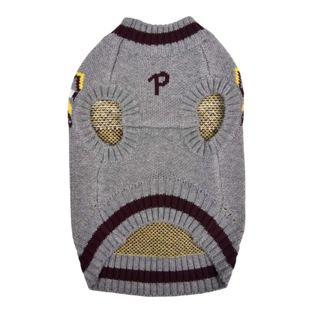 Gray dog sweater with gold and maroon accents on a white background