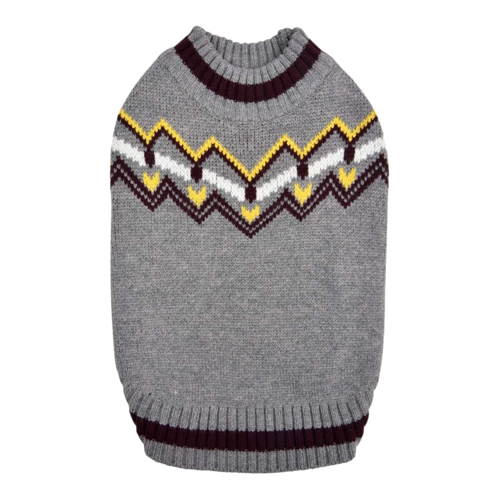 Gray dog sweater with colorful zigzag pattern on a white background