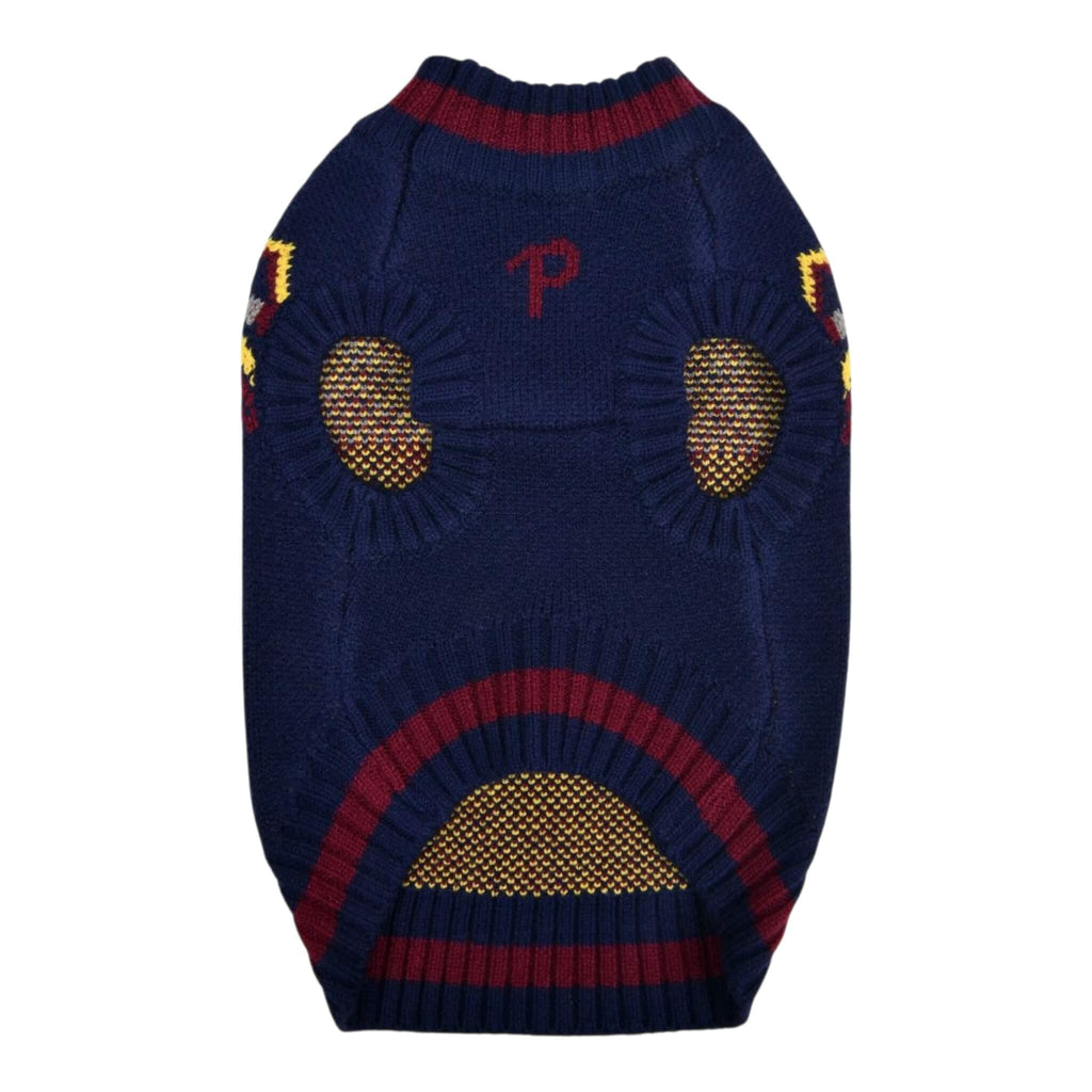 Navy blue dog sweater with red and yellow accents on a white background