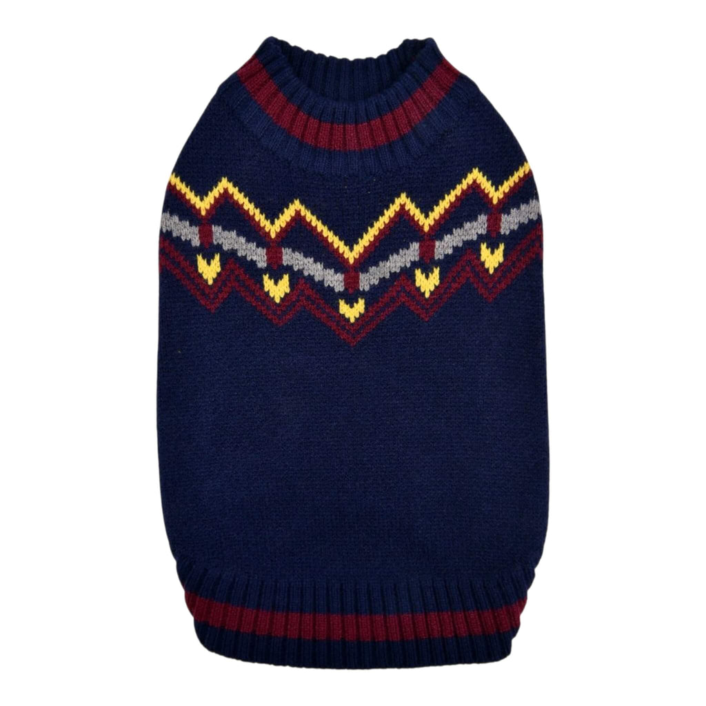 Navy blue dog sweater with colorful zigzag pattern on a white background