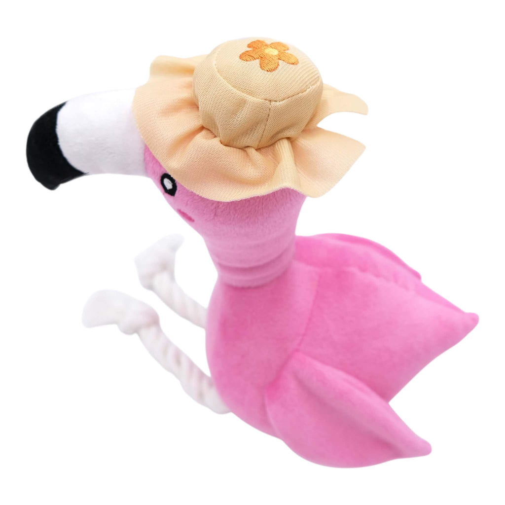 Plush flamingo toy with a straw hat on a white background