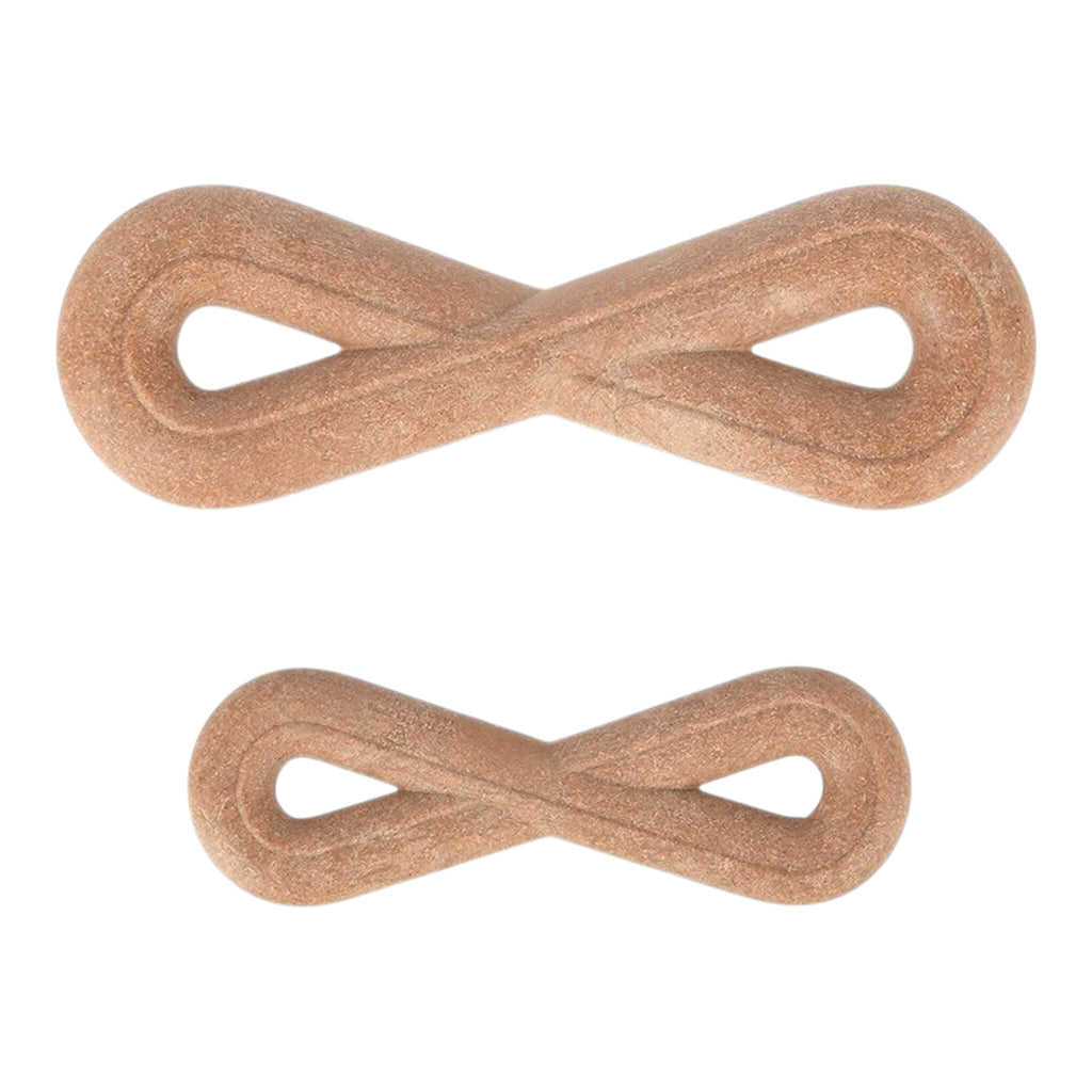 Two brown wooden infinity symbols on a white background