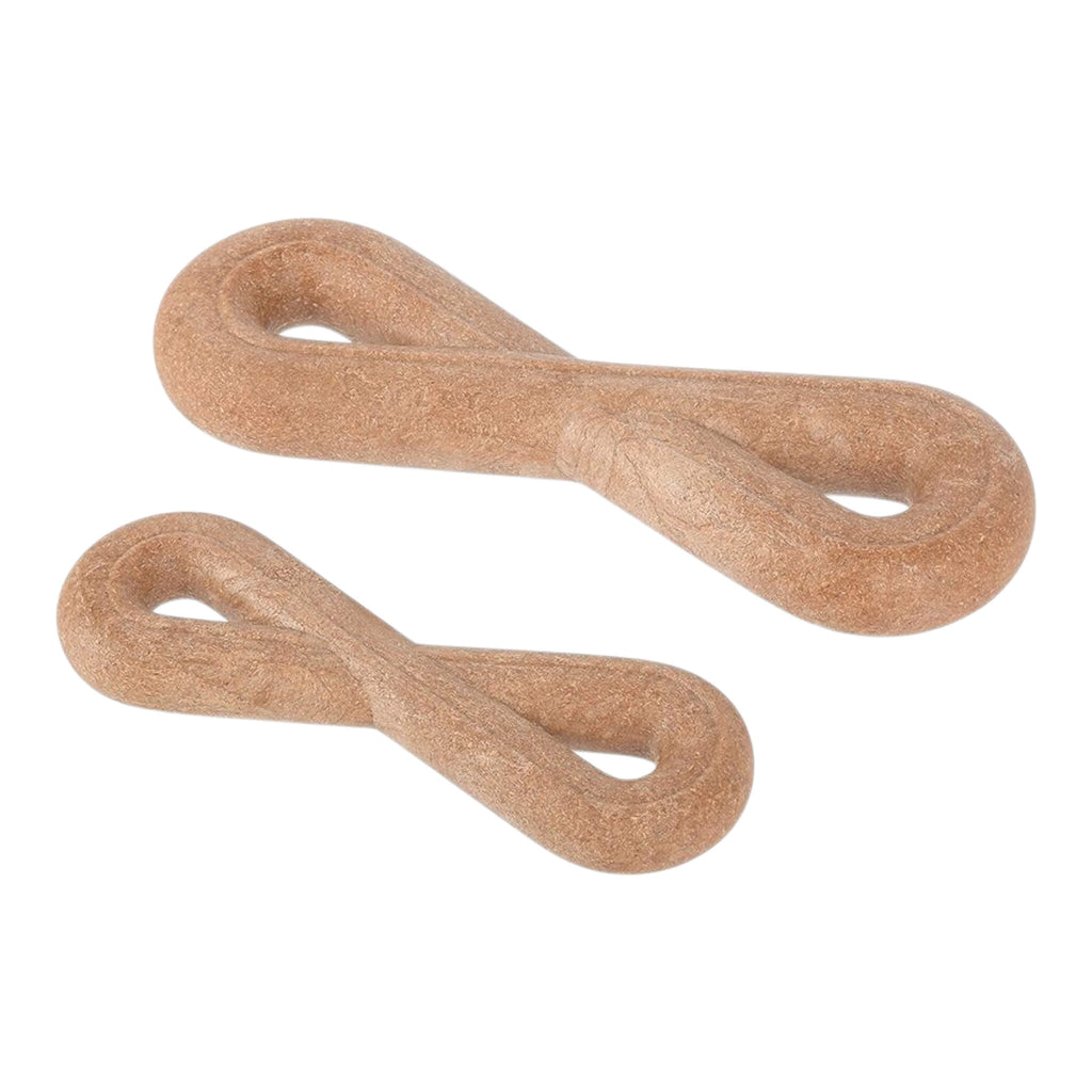 Two wooden dog chew toys on a white background