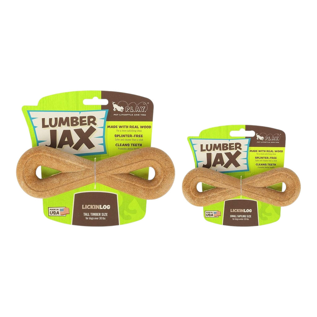 Two Lumber Jax dog toys with packaging on a white background
