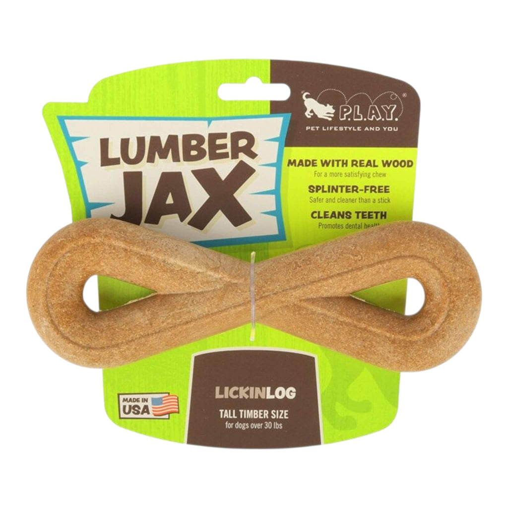 Wooden dog chew toy with packaging labeled 'Lumber Jax' by P.L.A.Y.