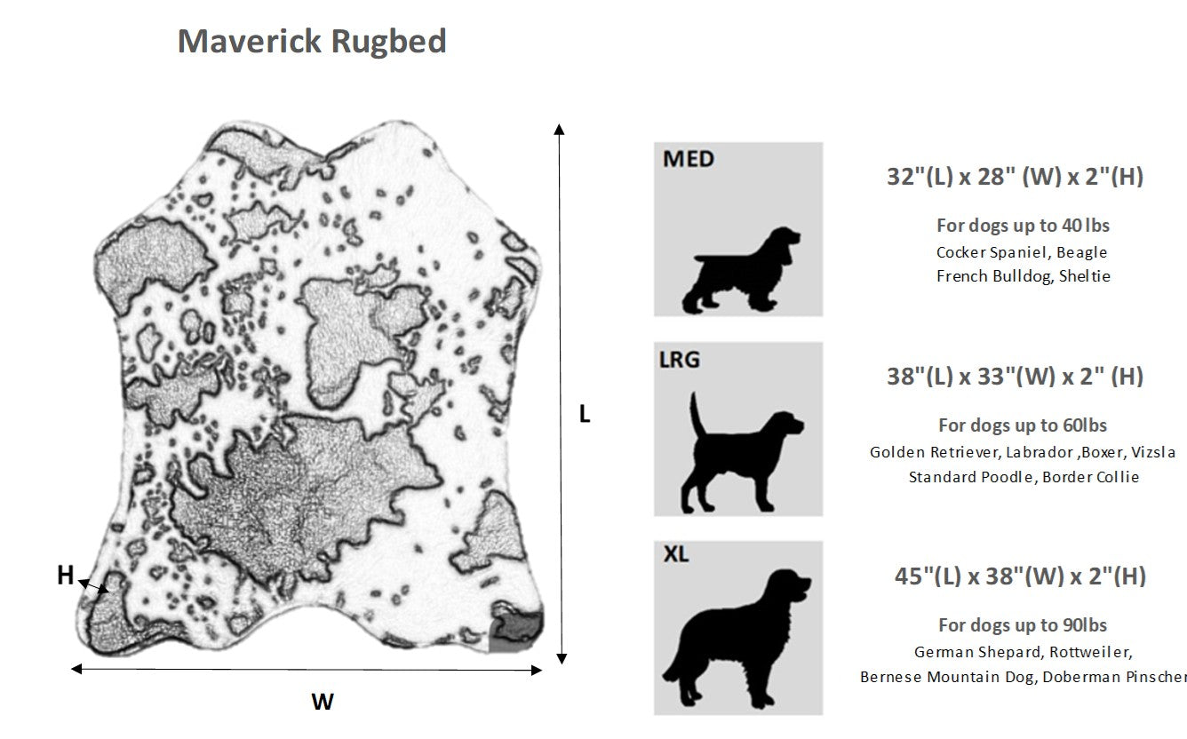 Diagram of Maverick Rugbed by Bowsers with dimensions and size guide for dogs.