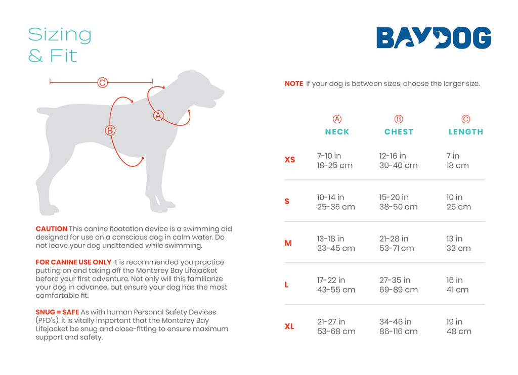 Baydog sizing chart for dog floatation devices with measurements and a silhouette of a dog.