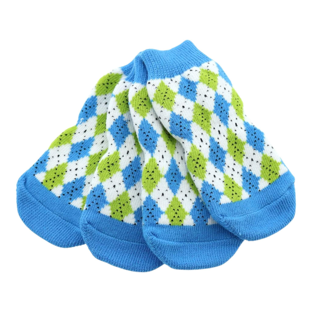 Pair of blue and green checkered dog socks on a white background