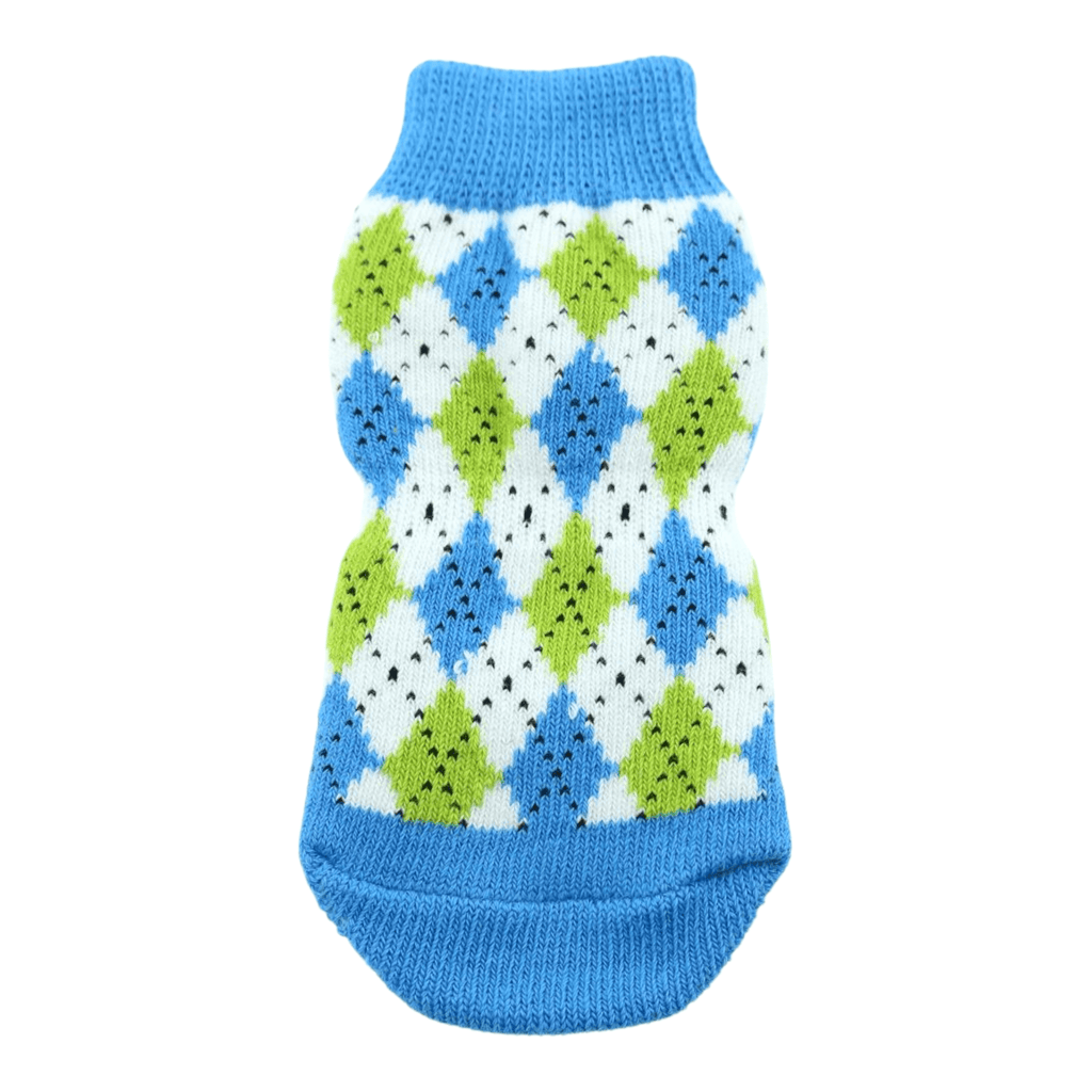 Blue and green argyle patterned dog socks on a white background
