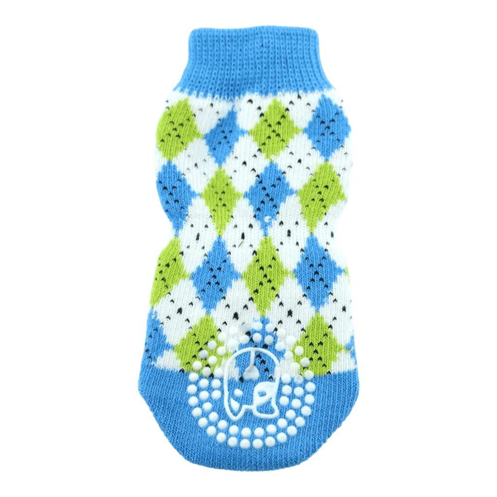 Blue, green, and white patterned dog socks on a white background