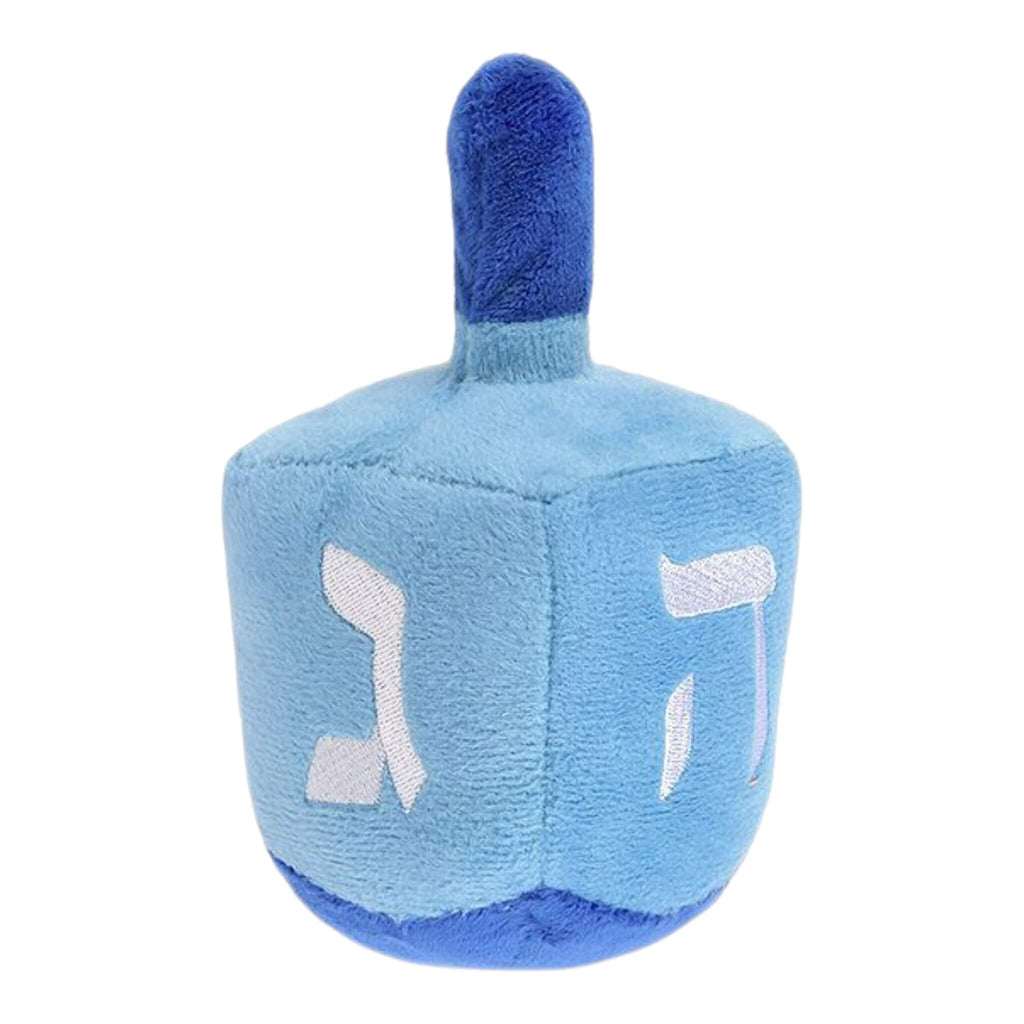 Blue plush dreidel dog toy with Hebrew letters on a white background